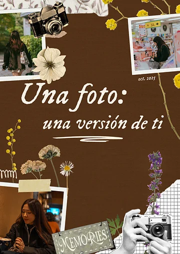 Portada del cuaderno «Una foto: una versión de ti», con fotos de Mariale y flores secas.